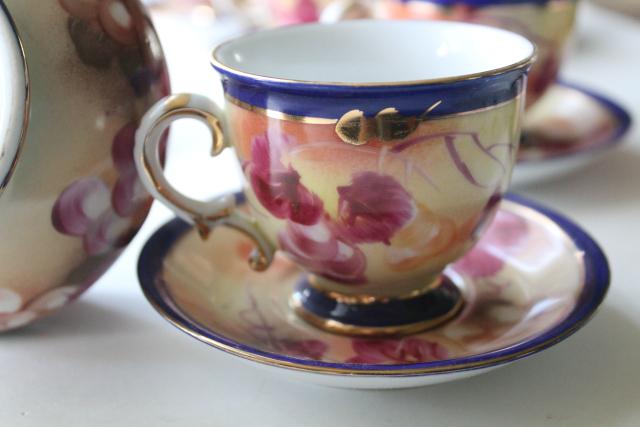 photo of 80s 90s vintage hand painted porcelain tea set, teapot, cups & saucers, cream and sugar #4