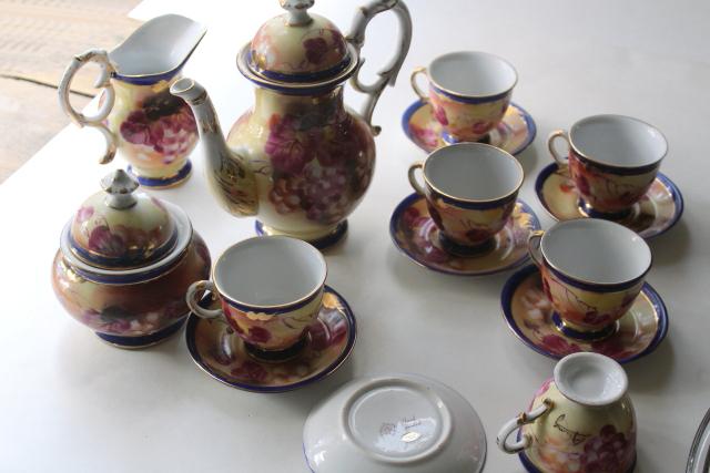 photo of 80s 90s vintage hand painted porcelain tea set, teapot, cups & saucers, cream and sugar #5