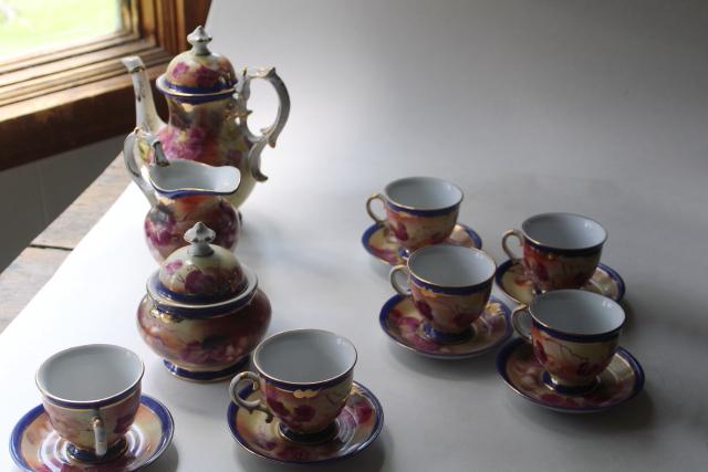 photo of 80s 90s vintage hand painted porcelain tea set, teapot, cups & saucers, cream and sugar #8