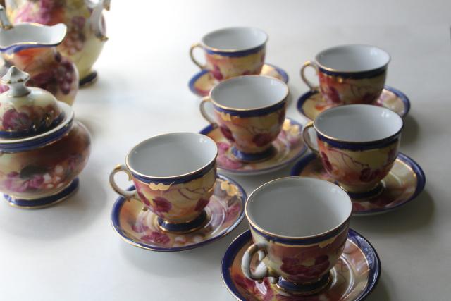 photo of 80s 90s vintage hand painted porcelain tea set, teapot, cups & saucers, cream and sugar #9