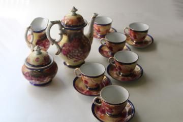 catalog photo of 80s 90s vintage hand painted porcelain tea set, teapot, cups & saucers, cream and sugar