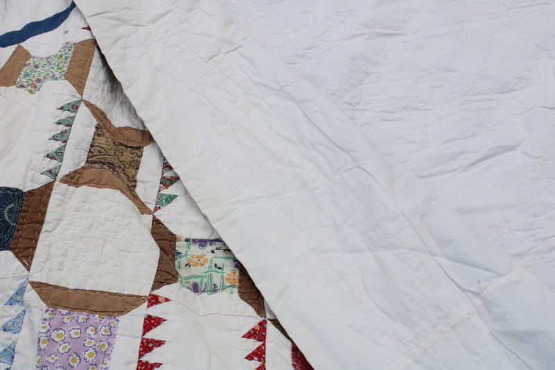 photo of 80s 90s vintage hand stitched cotton patchwork quilt, spools of thread pattern #2