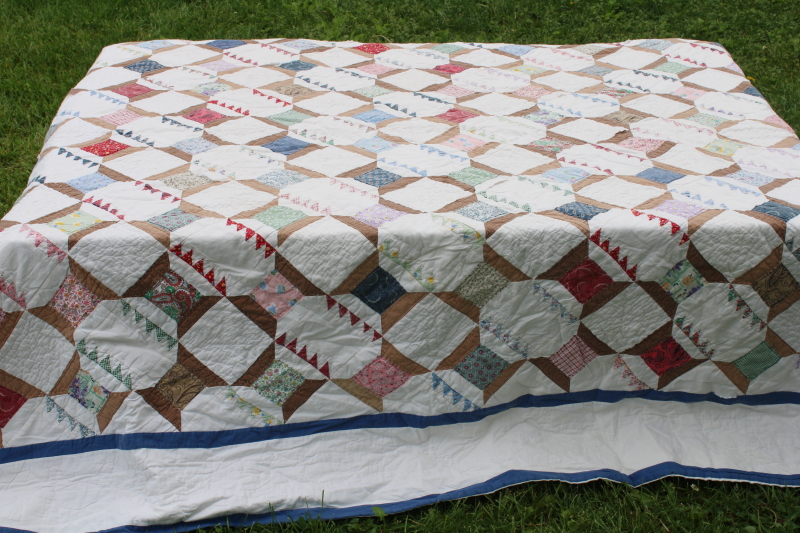 photo of 80s 90s vintage hand stitched cotton patchwork quilt, spools of thread pattern #3