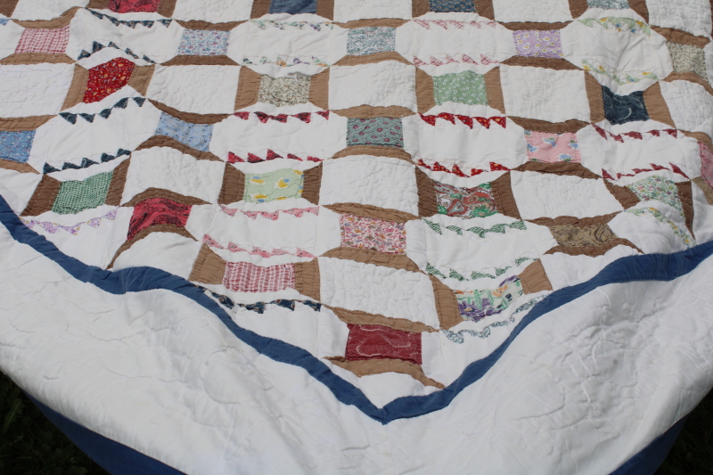 photo of 80s 90s vintage hand stitched cotton patchwork quilt, spools of thread pattern #4