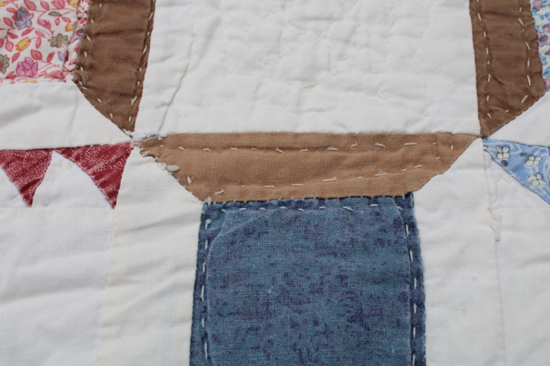 photo of 80s 90s vintage hand stitched cotton patchwork quilt, spools of thread pattern #6