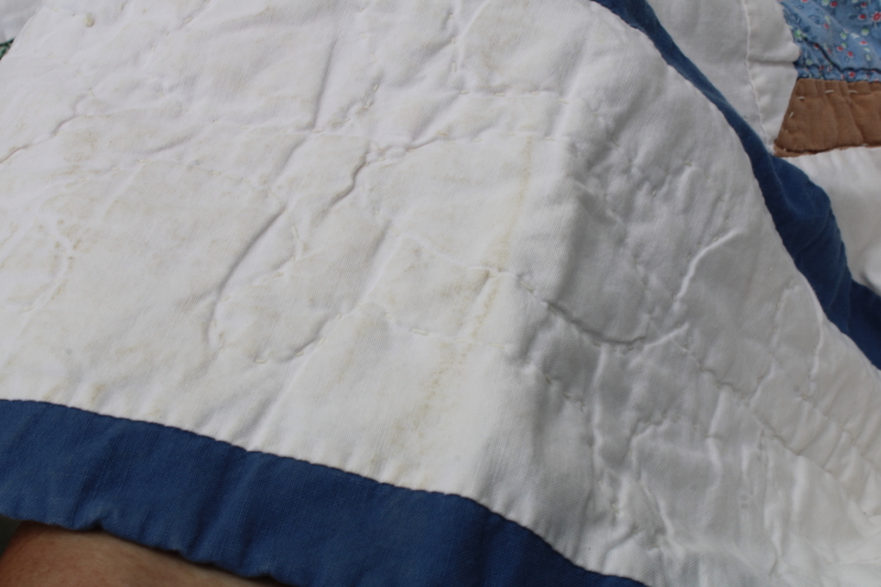 photo of 80s 90s vintage hand stitched cotton patchwork quilt, spools of thread pattern #7