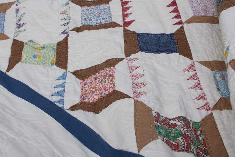 photo of 80s 90s vintage hand stitched cotton patchwork quilt, spools of thread pattern #8
