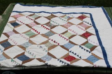 catalog photo of 80s 90s vintage hand stitched cotton patchwork quilt, spools of thread pattern 