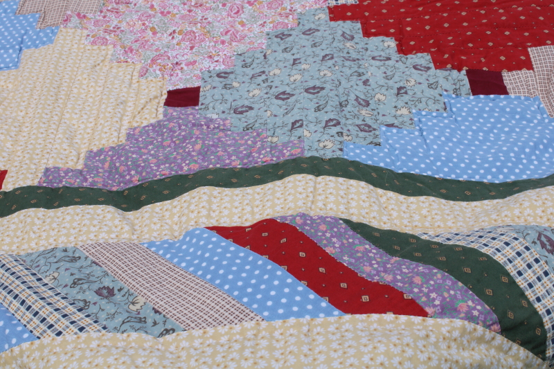 photo of 80s 90s vintage hand stitched cotton quilt courthouse steps patchwork colorful calico fabric #7