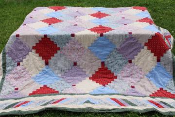 catalog photo of 80s 90s vintage hand stitched cotton quilt courthouse steps patchwork colorful calico fabric 