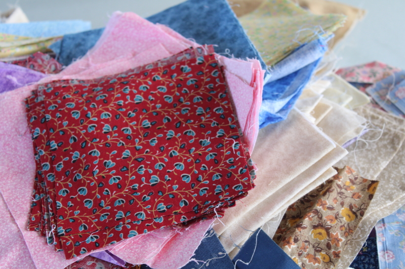 photo of 80s 90s vintage patchwork quilt pieces, lot of small blocks & strips pre-cut print cotton fabrics #5