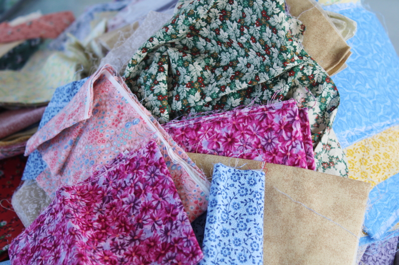 photo of 80s 90s vintage patchwork quilt pieces, lot of small blocks & strips pre-cut print cotton fabrics #7