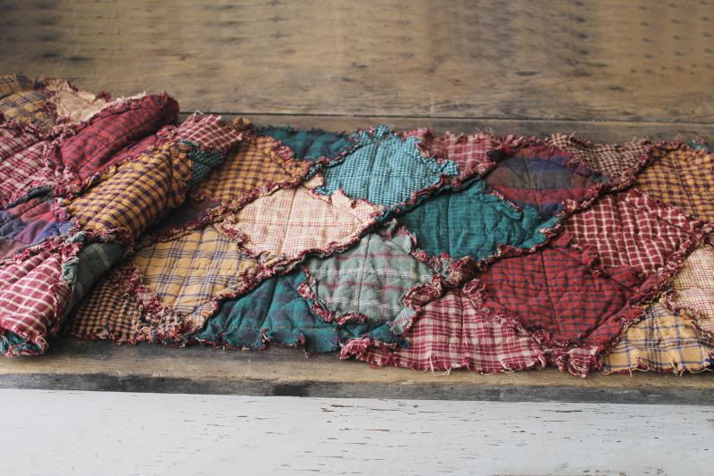 photo of 80s 90s vintage rag quilt cotton patchwork table runner, primitive country colors plaid #1