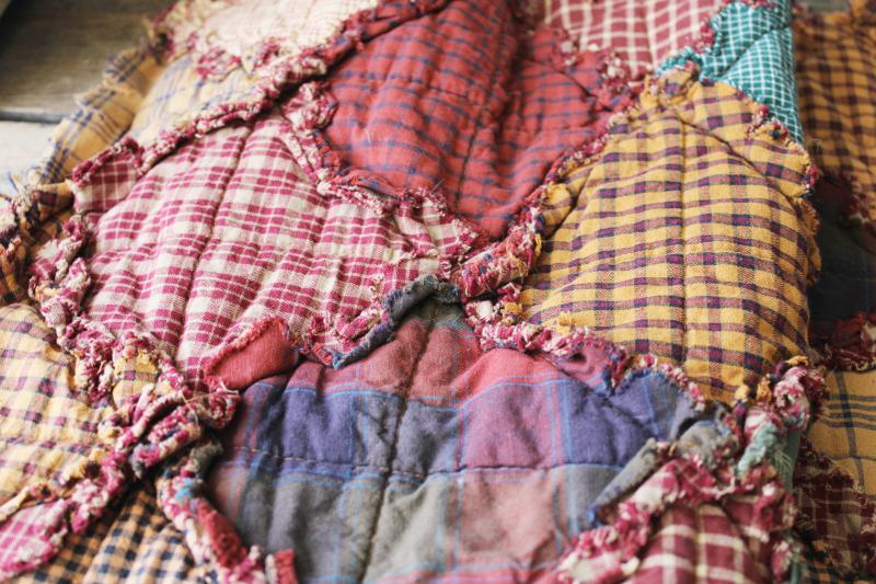 photo of 80s 90s vintage rag quilt cotton patchwork table runner, primitive country colors plaid #2