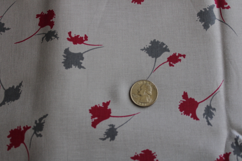 photo of 80s 90s vintage silky poly herringbone weave fabric, ginkgo leaf print wine & grey  #2