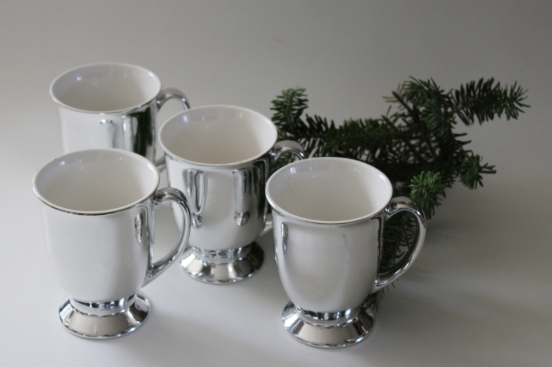 photo of 80s 90s vintage silver metallic foil ceramic tall cups style coffee mugs, holiday tableware set #1
