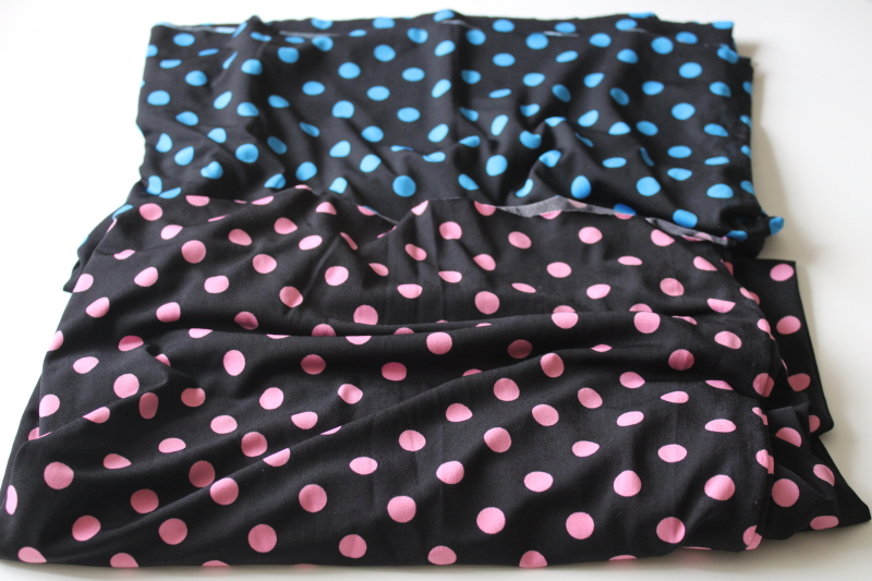 photo of 80s 90s vintage stretch fabric mod aqua blue, pink on black polka dots dotted print slinky lycra fabric  #1