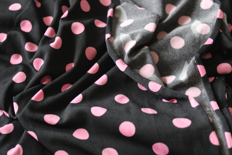 photo of 80s 90s vintage stretch fabric mod aqua blue, pink on black polka dots dotted print slinky lycra fabric  #2