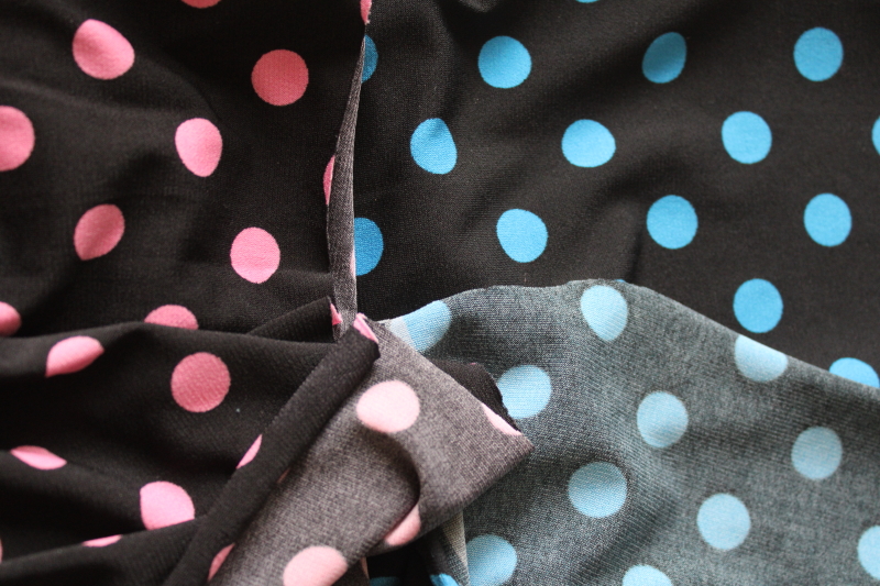 photo of 80s 90s vintage stretch fabric mod aqua blue, pink on black polka dots dotted print slinky lycra fabric  #3