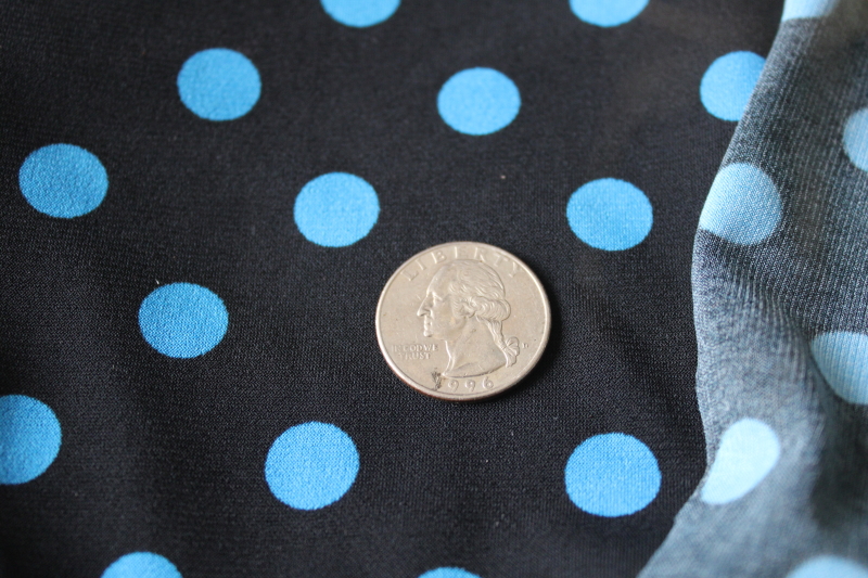 photo of 80s 90s vintage stretch fabric mod aqua blue, pink on black polka dots dotted print slinky lycra fabric  #4
