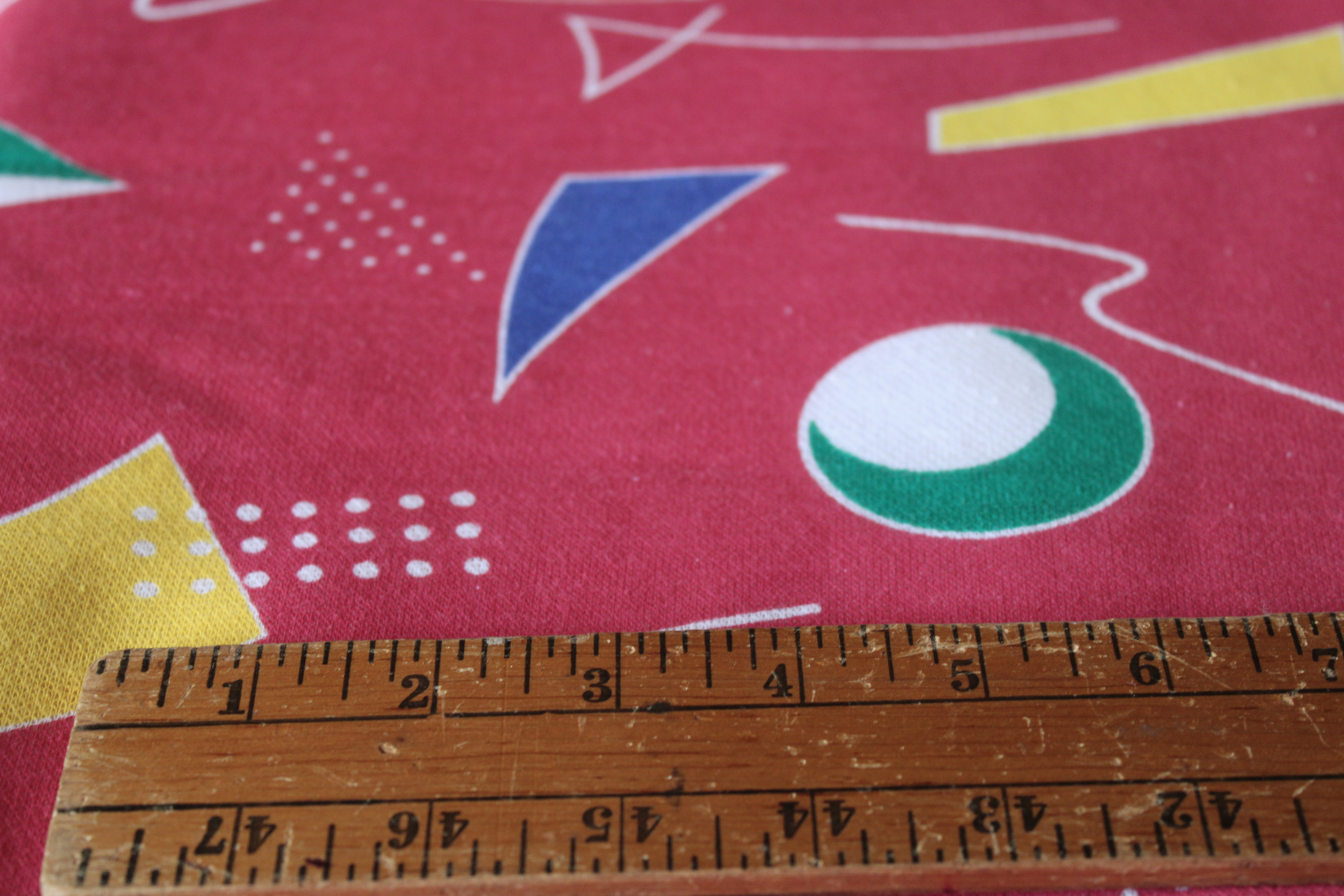 photo of 80s 90s vintage sweatshirt fleece knit fabric, colorful retro shapes Memphis design #2