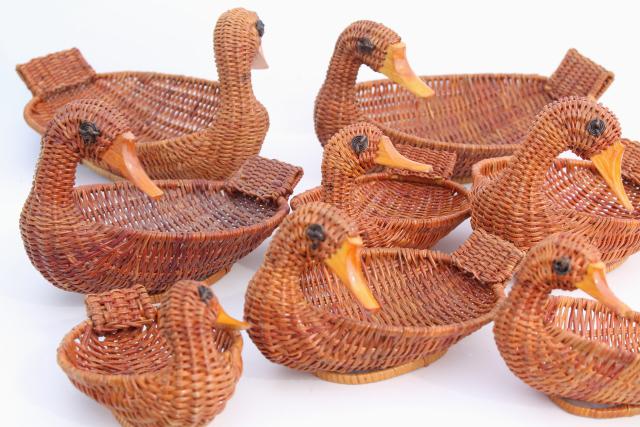 photo of 80s 90s vintage wicker basket family of ducks, duck baskets large & small #1