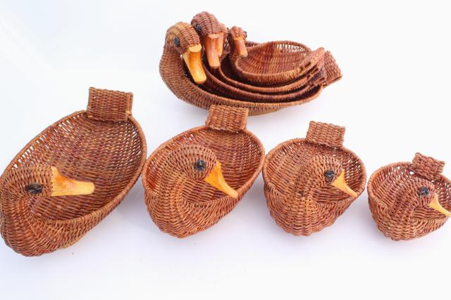 photo of 80s 90s vintage wicker basket family of ducks, duck baskets large & small #3