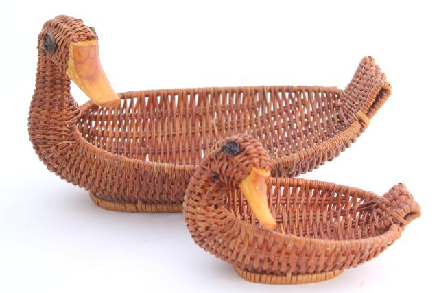 photo of 80s 90s vintage wicker basket family of ducks, duck baskets large & small #6