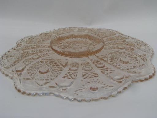 photo of 80s ALIG vintage Imperial cake plate w/ low foot, pale pink Nucut glass #3