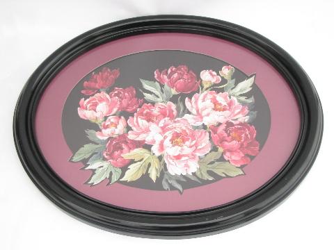 photo of 80s deco framed oval floral print, pink peonies w/ black lacquer frame #1