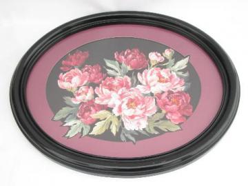 catalog photo of 80s deco framed oval floral print, pink peonies w/ black lacquer frame