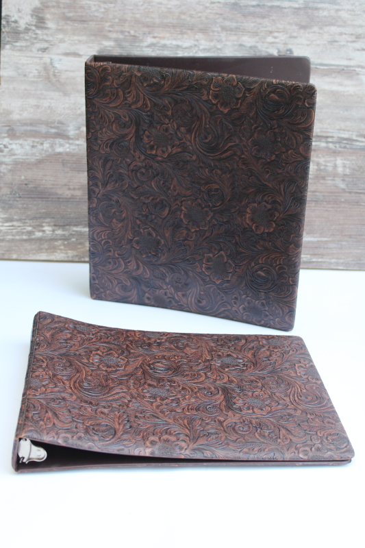 photo of 80s faux tooled leather brown vinyl ring binders, albums or scrapbooks vintage western style  #1