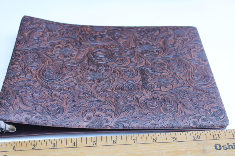 photo of 80s faux tooled leather brown vinyl ring binders, albums or scrapbooks vintage western style  #2