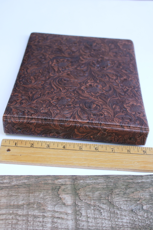 photo of 80s faux tooled leather brown vinyl ring binders, albums or scrapbooks vintage western style  #3