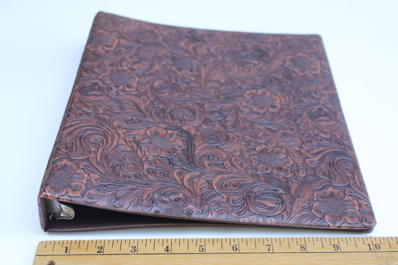 photo of 80s faux tooled leather brown vinyl ring binders, albums or scrapbooks vintage western style  #5