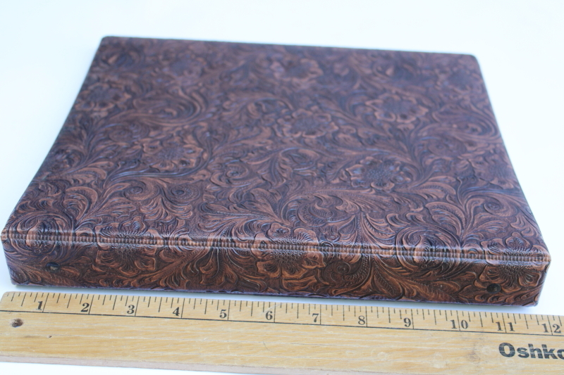 photo of 80s faux tooled leather brown vinyl ring binders, albums or scrapbooks vintage western style  #6