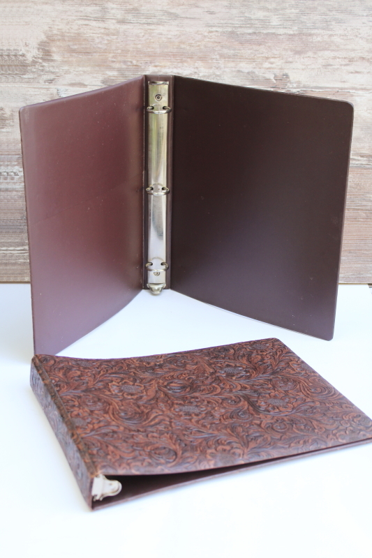 photo of 80s faux tooled leather brown vinyl ring binders, albums or scrapbooks vintage western style  #7