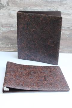 catalog photo of 80s faux tooled leather brown vinyl ring binders, albums or scrapbooks vintage western style 