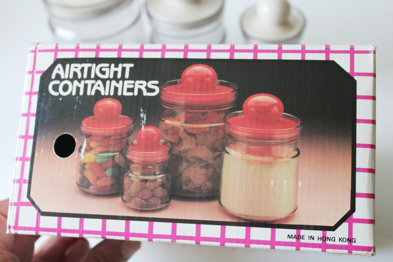 photo of 80s modern vintage smoke plastic canisters, mini storage jars in original box #3
