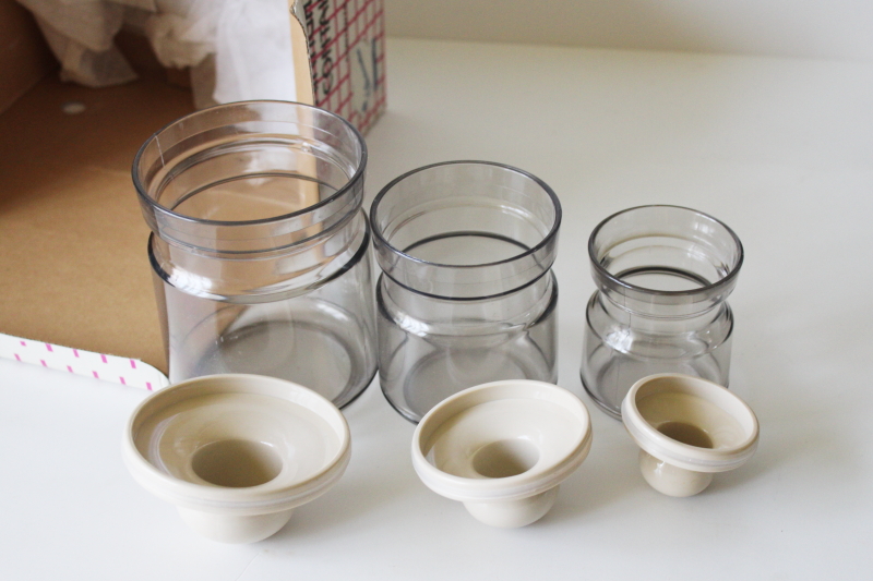 photo of 80s modern vintage smoke plastic canisters, mini storage jars in original box #4