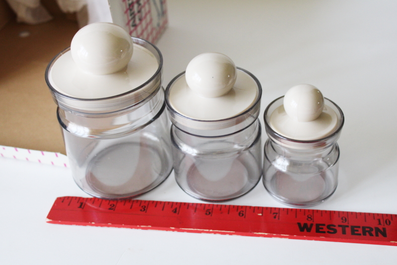 photo of 80s modern vintage smoke plastic canisters, mini storage jars in original box #5