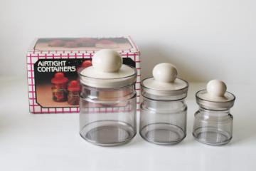 catalog photo of 80s modern vintage smoke plastic canisters, mini storage jars in original box 