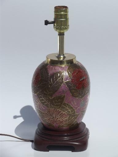 photo of 80s solid brass table lamp, pink floral cloisonne or champleve enamel? #1