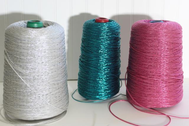 photo of 80s sparkly metallic gift wrap package tying cord, jade green, silver, pink ribbon spools #1