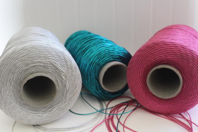 photo of 80s sparkly metallic gift wrap package tying cord, jade green, silver, pink ribbon spools #6