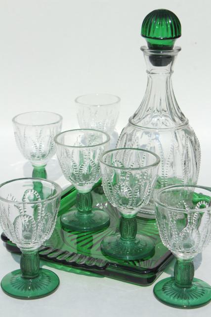 photo of 80s vintage Avon emerald accent green & clear glass decanter, glasses, tray set #1