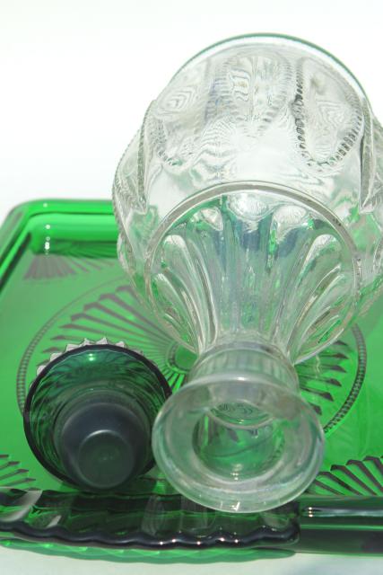 photo of 80s vintage Avon emerald accent green & clear glass decanter, glasses, tray set #4