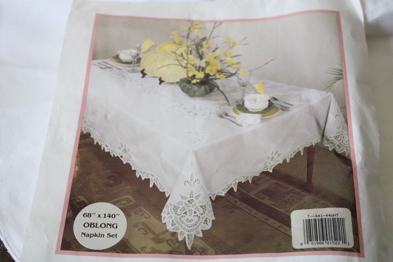 photo of 80s vintage China battenburg lace cotton tablecloth in package, matching napkins #2