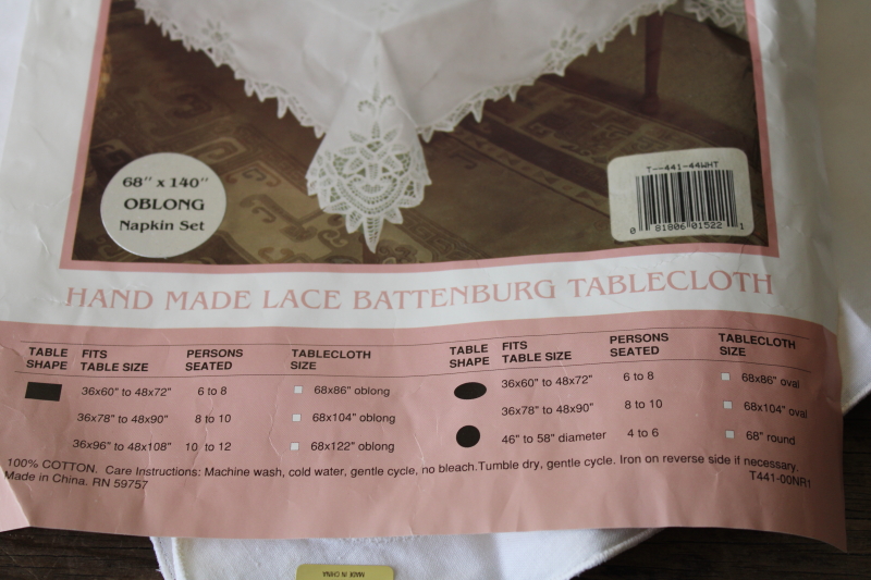 photo of 80s vintage China battenburg lace cotton tablecloth in package, matching napkins #3