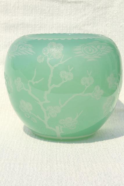 photo of 80s vintage Chinese glass vase, urn or gourd jar celadon green glass overlay carved design #1